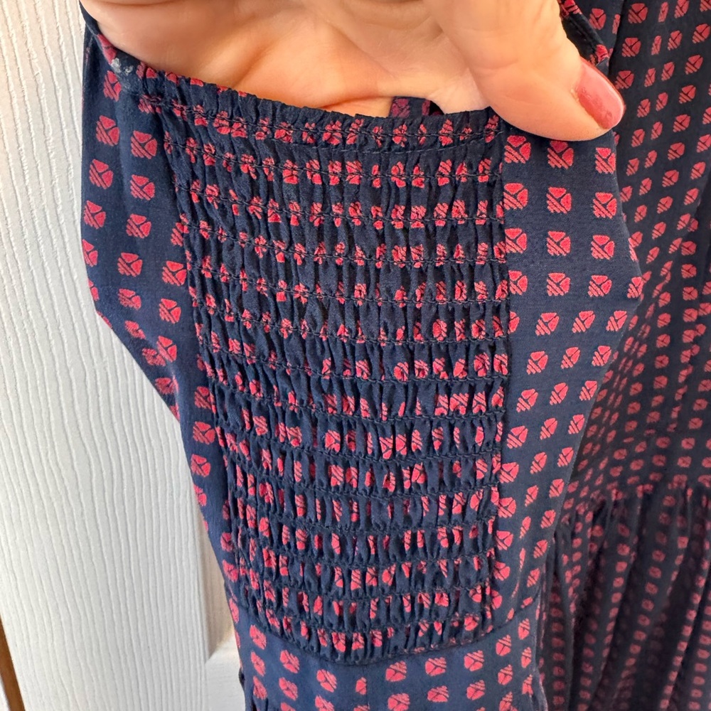 Maple 100% Silk Navy and Red Smock Waist Scoop Neck Sleeveless Dress size 2 - Picture 8 of 14